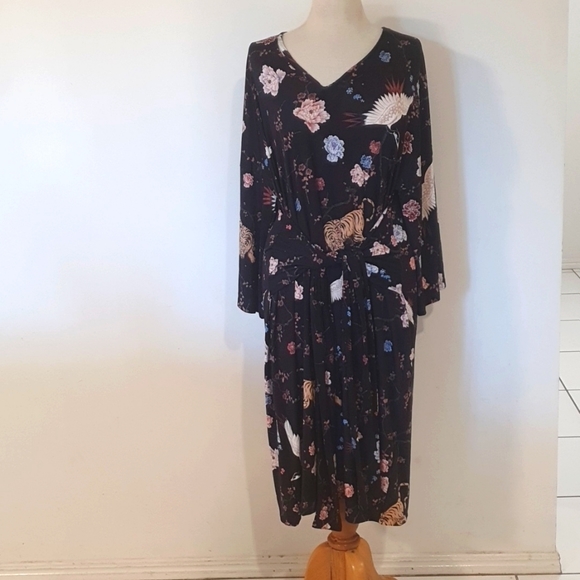 Zara | Kimono Sleeve Oriental Print Self-Tie Kaftan Dress | Approx Size 16/ US S - Picture 9 of 13